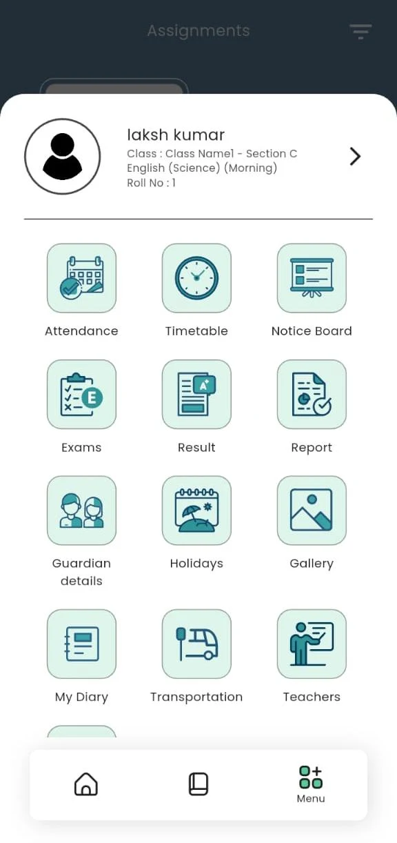 Student app menu: attendance, timetable, exams, results, holidays, gallery, transport