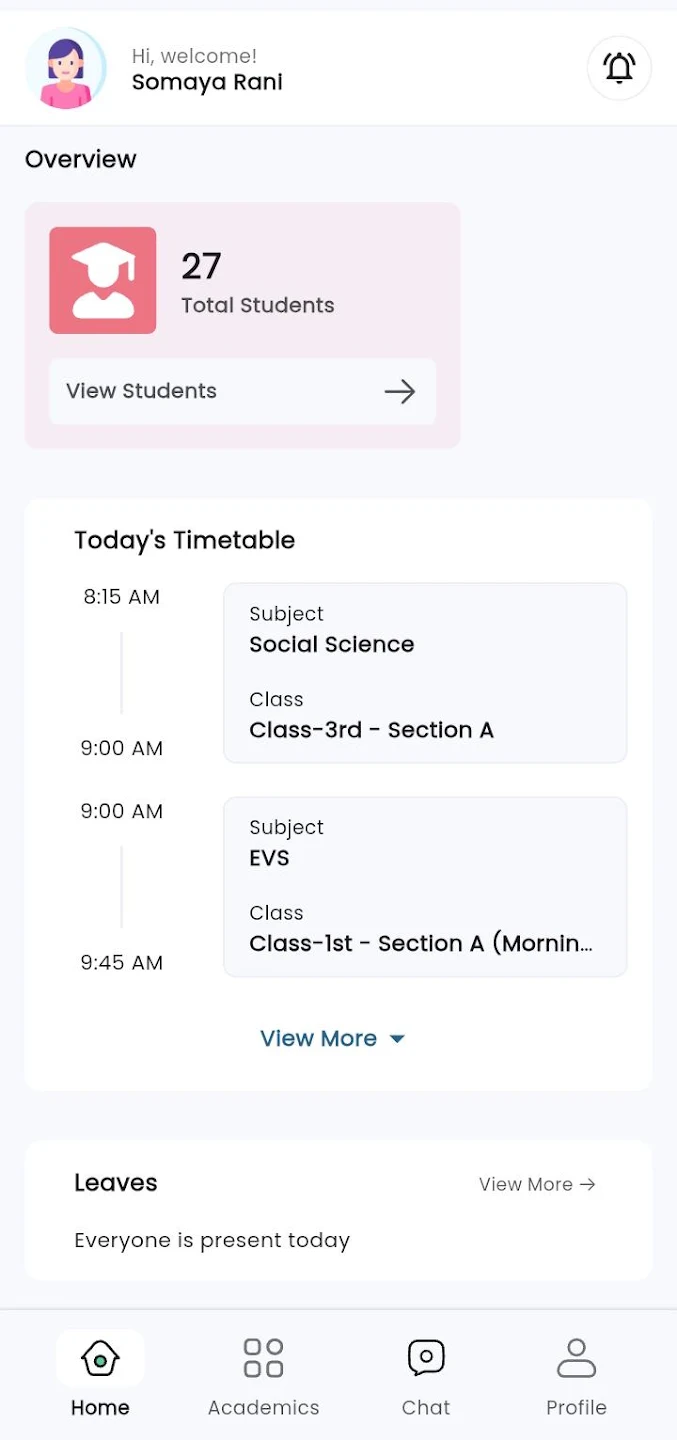 Teacher app home: overview, today's timetable, leaves