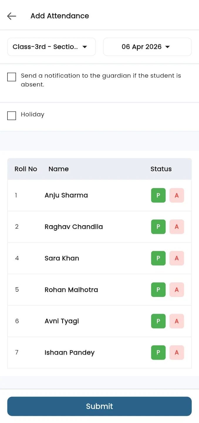 Teacher app Add Attendance screen