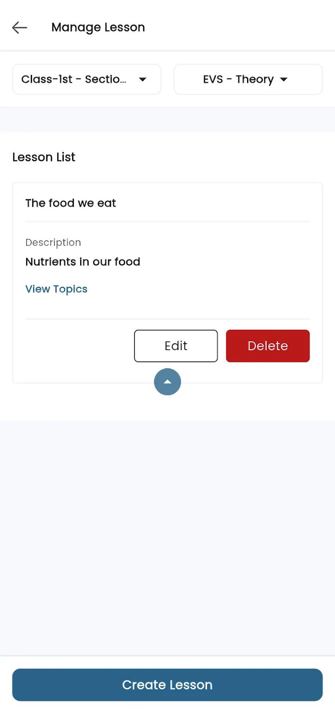 Teacher app Manage Lesson screen